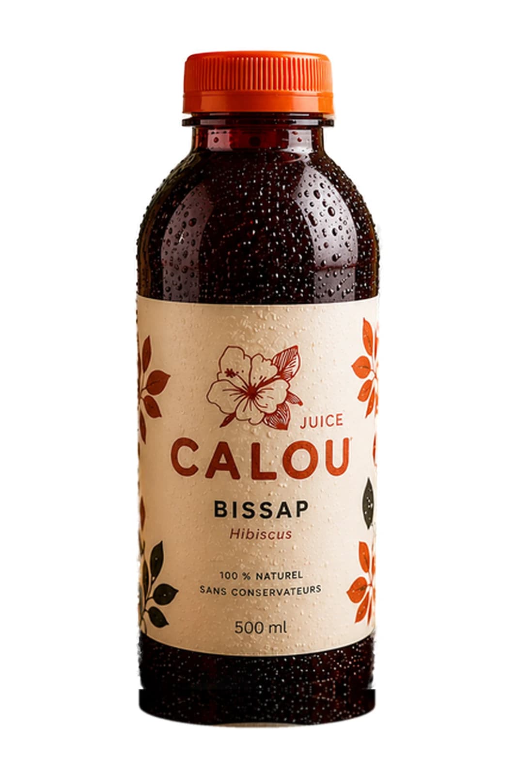 Une bouteille de Calou Bissap au bouchon orange, posée sur fond blanc.
